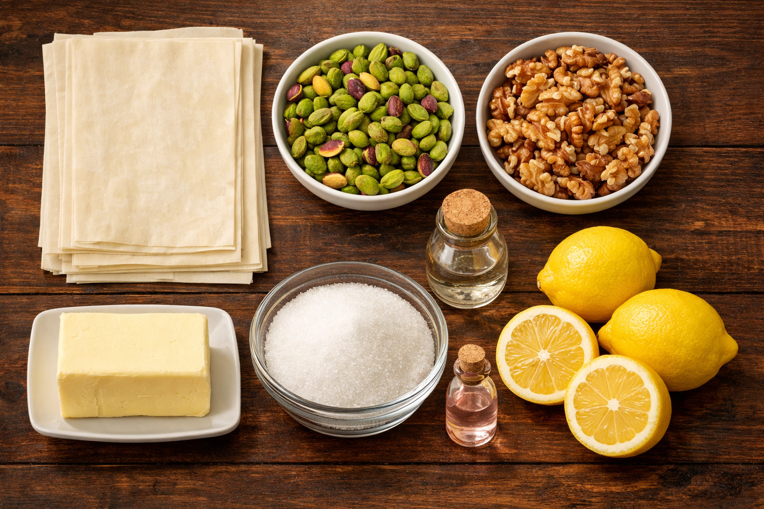 Baklava yapiminda kullanilan temel malzemeler bir arada